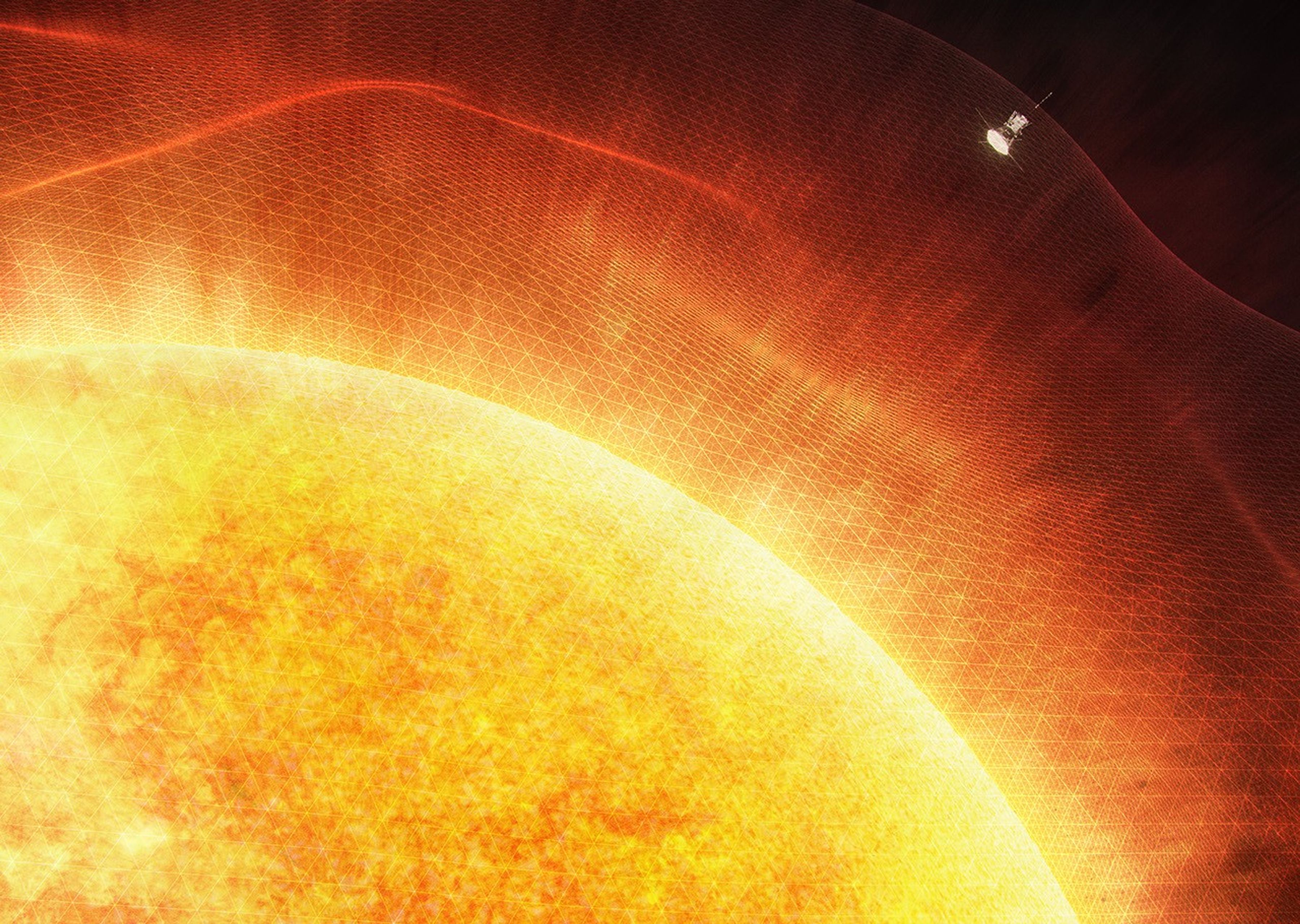 Una gran parte del Sol ocupa la mayor parte de la imagen, con un espacio negro en la esquina superior derecha. La nave espacial Parker  aparece pequeña y está volando hacia la atmósfera en la parte superior derecha.
