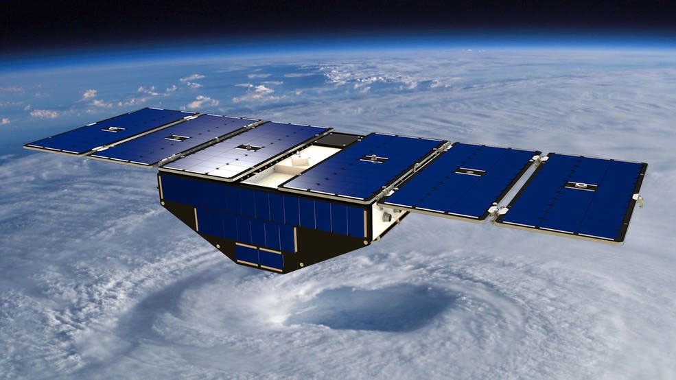 An artist's rendering of one of the CYGNSS spacecraft in orbit.
