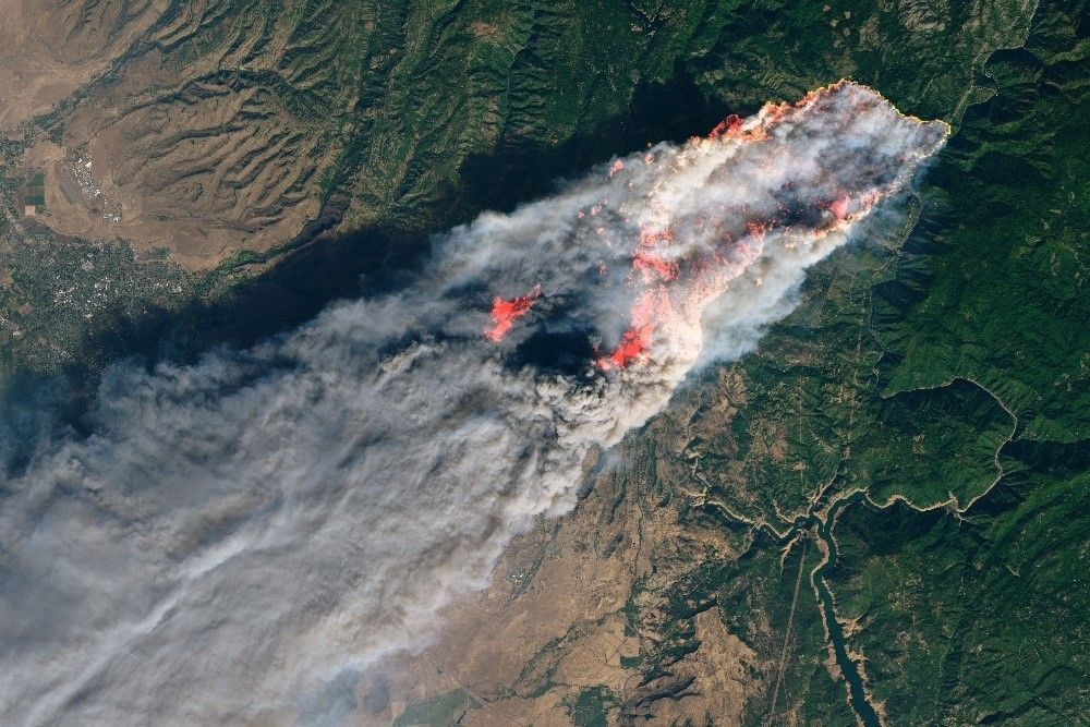 Visible flames originate in an a region green with foliage. dense smoke streams to the lower left of the image obscuring the land below in gray