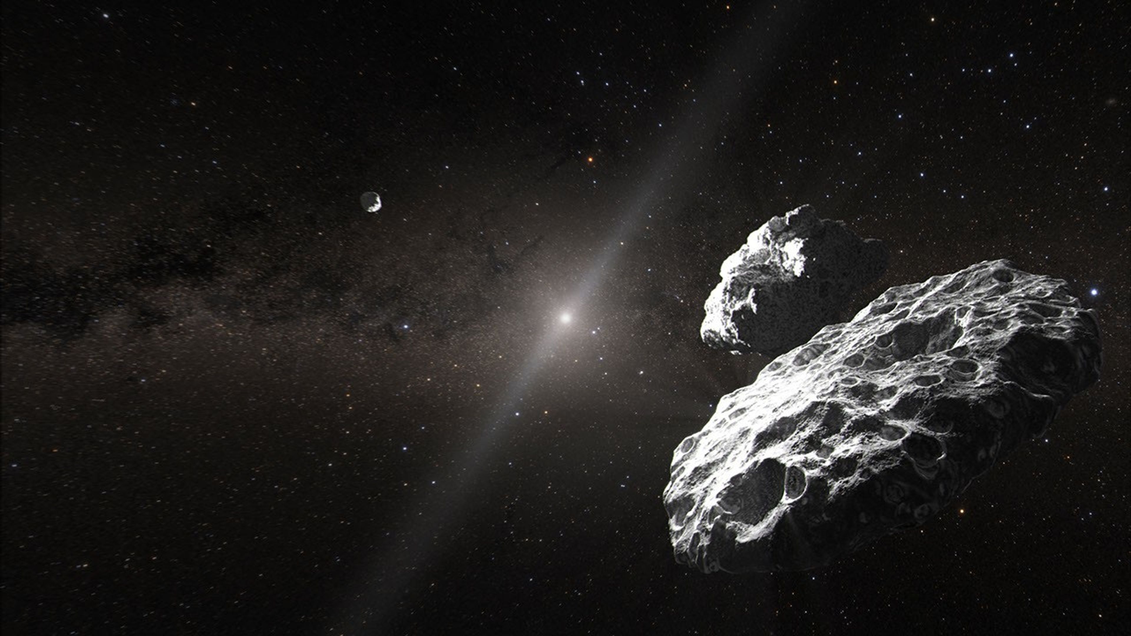 Illustration of two large, cratered rocks in the foreground right. Another rock is seen in the distance to the left. The black background of space shows the hazy Sun and zodiacal light due to dust in the solar system, as well as scattered distant stars. The words "Artist's Concept" appear in gray at the bottom left.