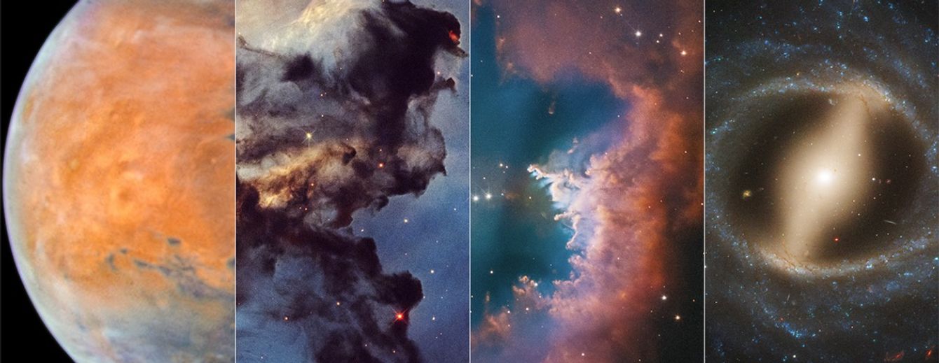 Cuatro imágenes del Hubble de izquierda a derecha: Marte, nubes oscuras en la nebulosa Roseta, la nebulosa planetaria NGC 2899 y la galaxia espiral barrada NGC 5335.