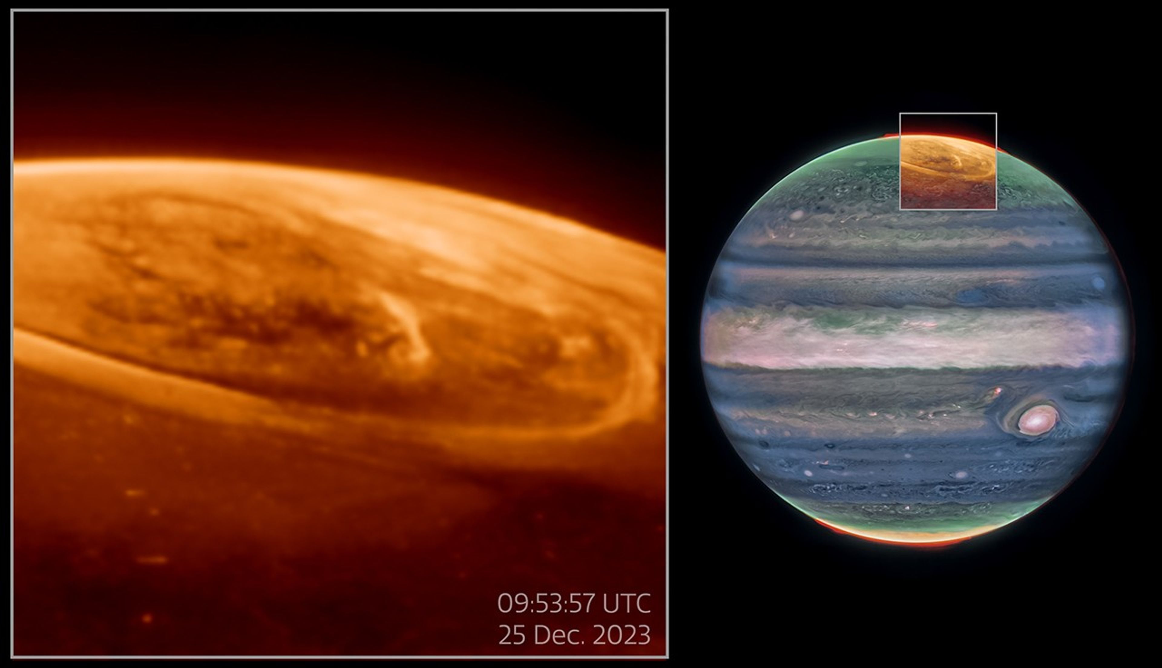 Imagen compuesta por dos paneles. A la derecha, está el planeta Júpiter visto en luz del infrarrojo cercano. Sus nubes son de color azul oscuro y blanco, con algunas manchas rojas dentro de las nubes, mientras que sus polos están teñidos de verde, amarillo y rojo. Un recuadro encima el polo norte se superpone con más datos en tonos anaranjados, y muestra las auroras como arcos y anillos sobre el planeta. A la izquierda, se muestra esta zona en un tamaño más grande con el pie de foto “09:53:57 25 de diciembre de 2023”.