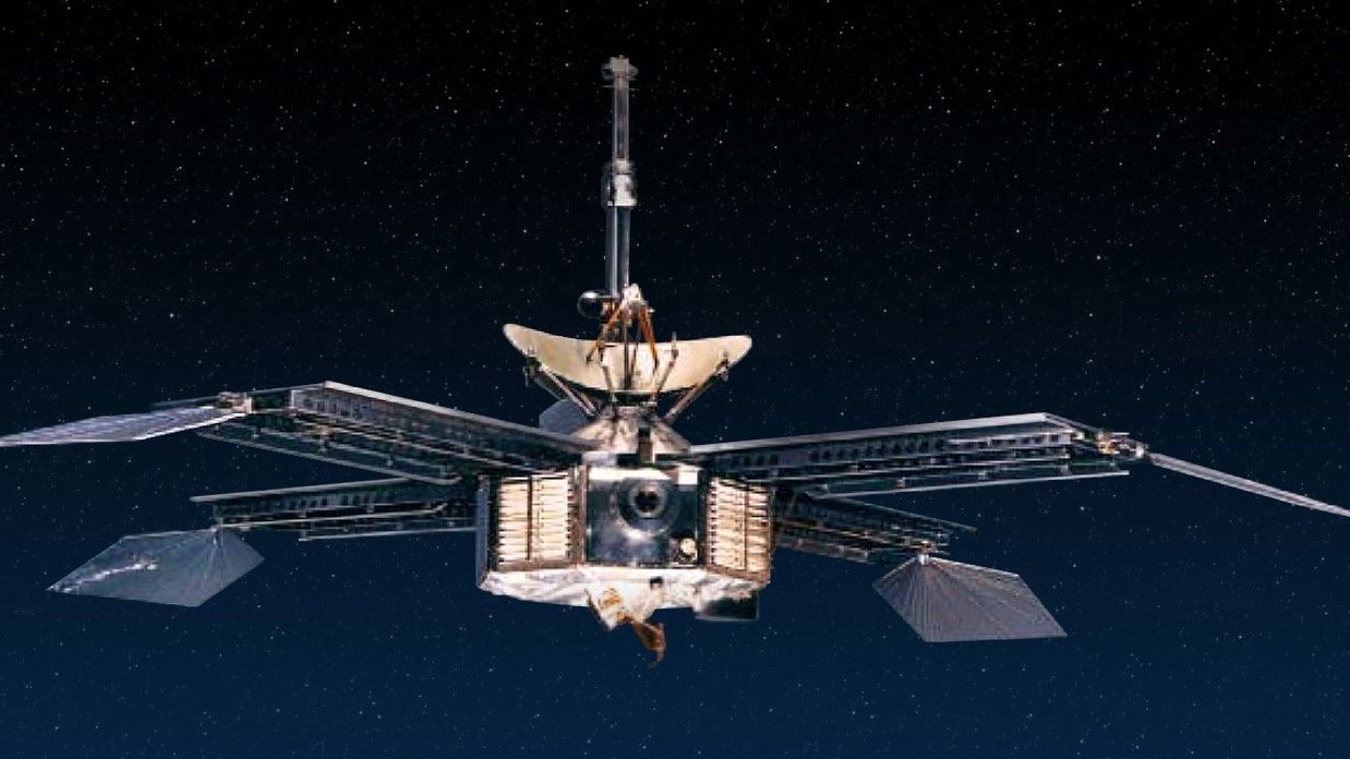 Illustration of a Mariner spacecraft against a black background.